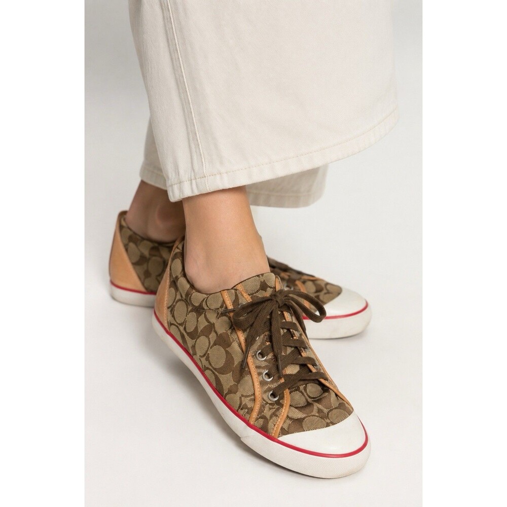 Coach Barrett A1087 Signature C Canvas Leather Low Top Sneakers Brown Red 9.5M